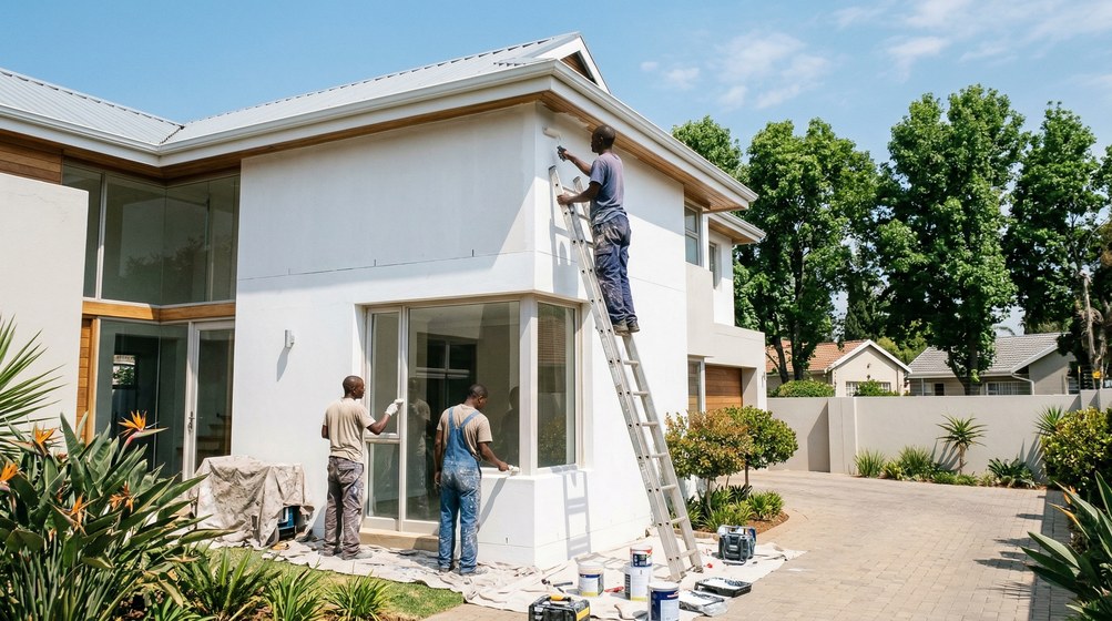 Painters at a large Constantia estate home with mature garden
