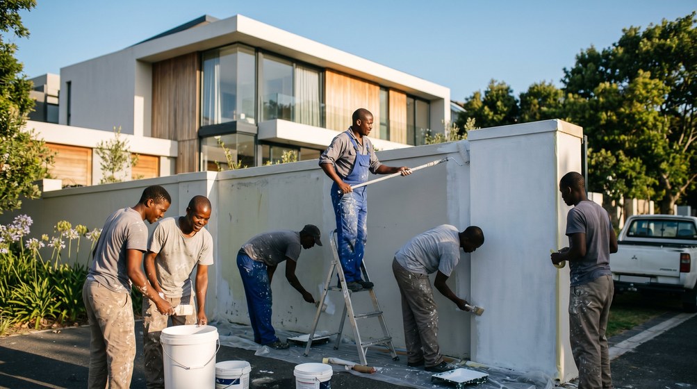 Repainting a long boundary wall on a Constantia property