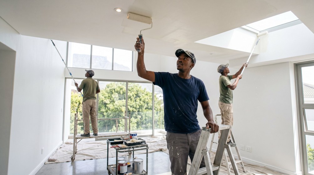 Professional ceiling painters rolling white paint onto a high ceiling in Bishopscourt