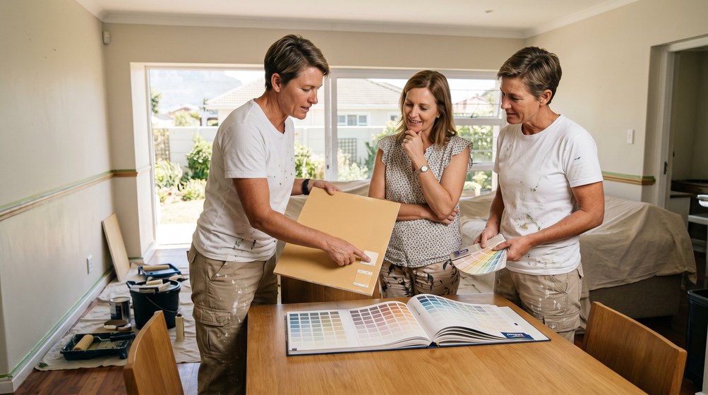 Professional colour consultant showing paint swatches to a homeowner in Bishopscourt