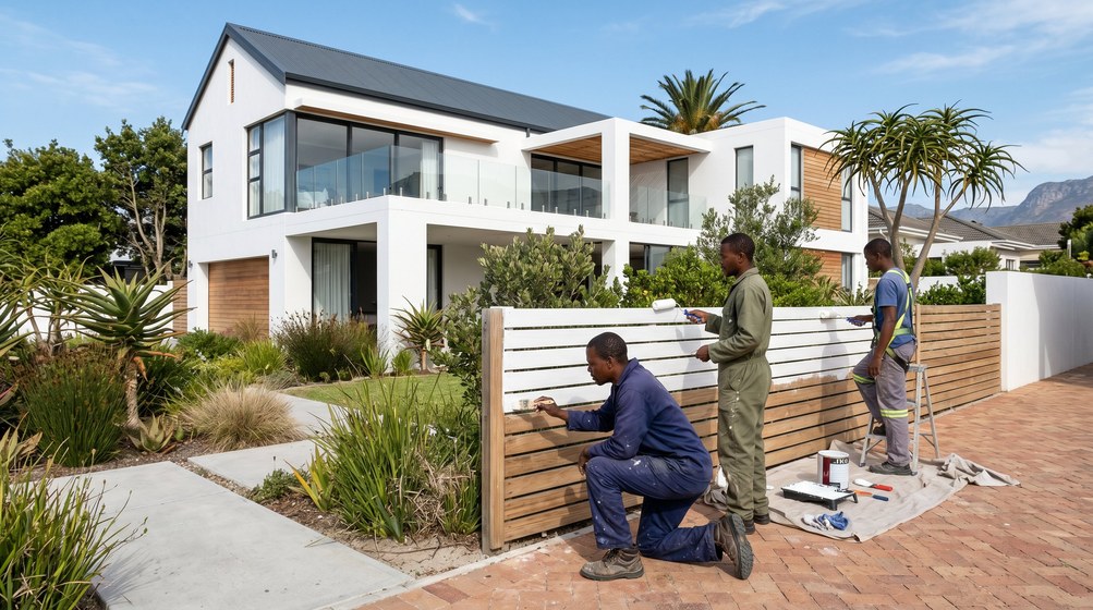 Professional fence painters painting a wooden fence at a Bishopscourt home in Bishopscourt