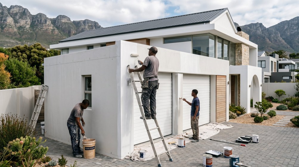 Professional painters painting a double garage exterior and garage doors in Bishopscourt