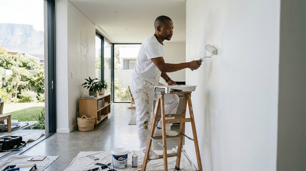 Professional interior painter in Bishopscourt painting walls with a roller