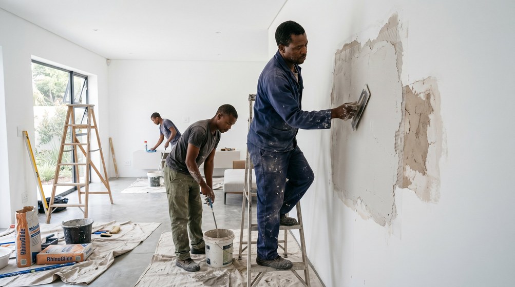 Professional plaster repair team skim coating damaged walls in Bishopscourt