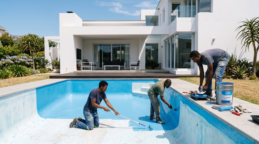 Professional pool painters applying blue pool paint to a swimming pool in Bishopscourt