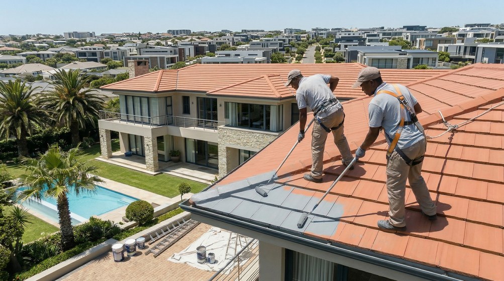 Professional roof painters applying waterproof coating to tiled roof in Bishopscourt