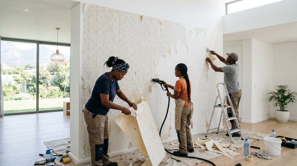 Professional wallpaper removal team stripping old wallpaper in a Bishopscourt home
