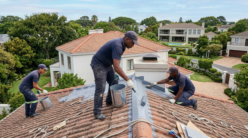 Professional waterproofing team applying membrane to roof in Bishopscourt