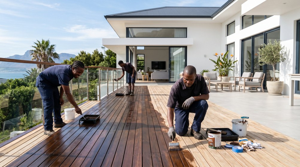 Professional wood staining team applying deck stain on a home in Bishopscourt